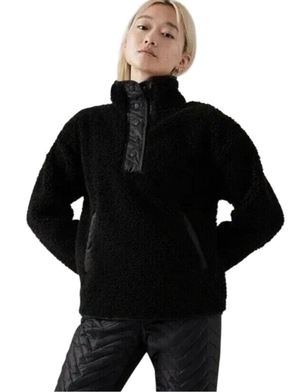 Athleta Black Sherpa Snap Pullover Jacket Fleece Small Warm Sweatshirt